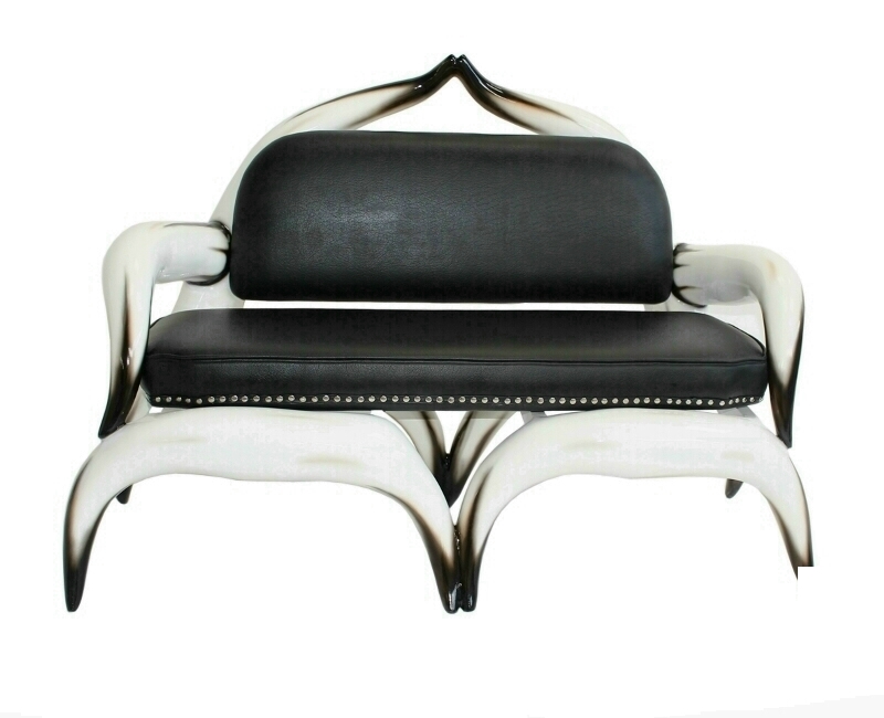 Bull Horn Sofa & Black Leather Studded Upholstery - Custom Made