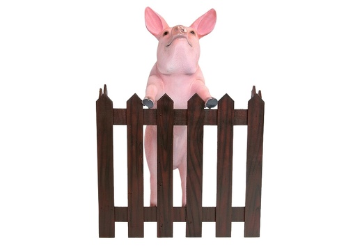 477 LIFE LIKE PINK PIG STANDING UP BEHIND FENCE 2