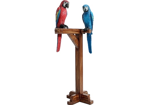 526 LIFE LIKE PAIR OF BLUE AND RED PARROTS ON WOODEN PERCH 1