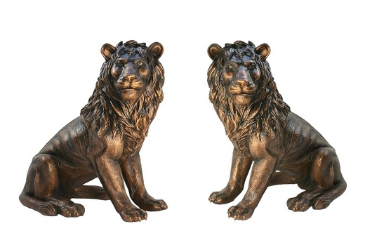 607 LIFE LIKE BRONZE EFFECT LEFT RIGHT MALE LIONS SITTING