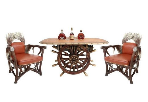 JBF191 VINTAGE SHIPS WHEEL CANNON DINING TABLE WITH WOOD EFFECT TOP ANTLER ARM CHAIRS