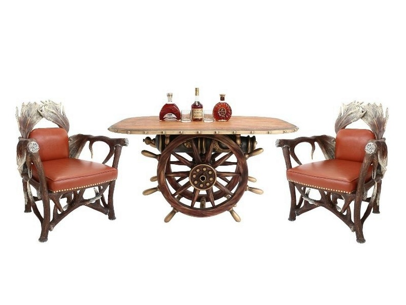 JBF191_VINTAGE_SHIPS_WHEEL_CANNON_DINING_TABLE_WITH_WOOD_EFFECT_TOP_ANTLER_ARM_CHAIRS.JPG