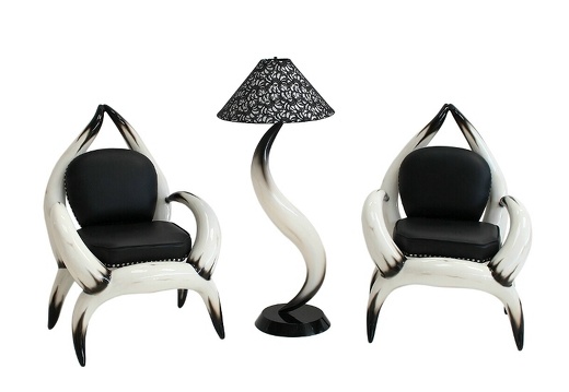 ARB008 BULL HORN ARM CHAIRS WITH BLACK LEATHER STUDDED UPHOLSTERY BULL HORN LAMP