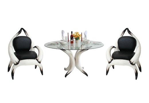 ARB009 BULL HORN ARM CHAIRS WITH BLACK LEATHER STUDDED UPHOLSTERY DINNING TABLE