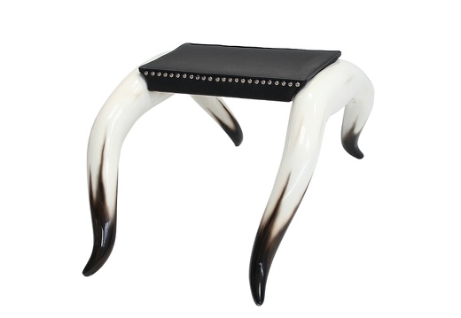 ARB012 BULL HORN FOOT STOOL WITH BLACK LEATHER STUDDED UPHOLSTERY 1