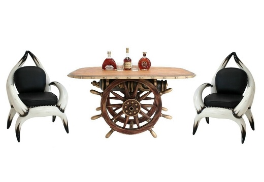 ARB015 VINTAGE SHIPS WHEEL CANNON DINING TABLE WITH WOOD EFFECT TOP 2 BULL HORN CHAIRS