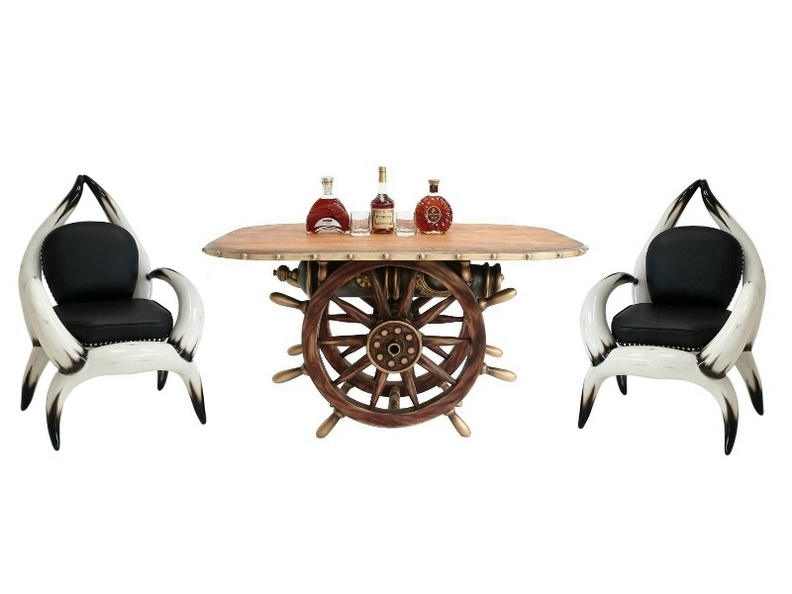 ARB015_VINTAGE_SHIPS_WHEEL_CANNON_DINING_TABLE_WITH_WOOD_EFFECT_TOP_2_BULL_HORN_CHAIRS.JPG
