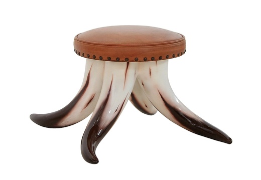 ARB019 SPANISH BULL HORN FOOT STOOL BROWN LEATHER CUSION