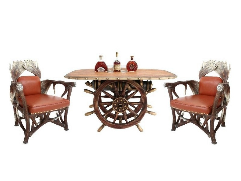 JBF191_VINTAGE_SHIPS_WHEEL_CANNON_DINING_TABLE_WITH_WOOD_EFFECT_TOP_2_ANTLER_ARM_CHAIRS.JPG