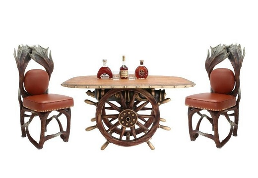 JBF192 VINTAGE SHIPS WHEEL CANNON DINING TABLE WITH WOOD EFFECT TOP 2 ANTLER CHAIRS