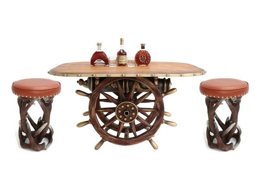 JBF193 VINTAGE SHIPS WHEEL CANNON DINING TABLE WITH WOOD EFFECT TOP 2 ANTLER STOOLS
