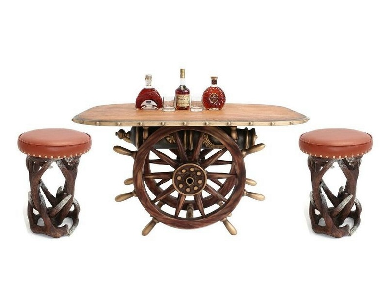 JBF193_VINTAGE_SHIPS_WHEEL_CANNON_DINING_TABLE_WITH_WOOD_EFFECT_TOP_2_ANTLER_STOOLS.JPG