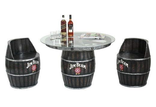 JBP102 LARGE WOOD EFFECT BARREL WAGON WHEEL TABLE STOOLS WITH BACK REST 1 ANY NAME PAINTED ON THE BARREL