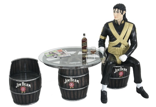 JBP103 LARGE WOOD EFFECT BARREL WAGON WHEEL TABLE STOOLS WITH MJ STATUE SITTING ANY NAME PAINTED ON THE BARREL