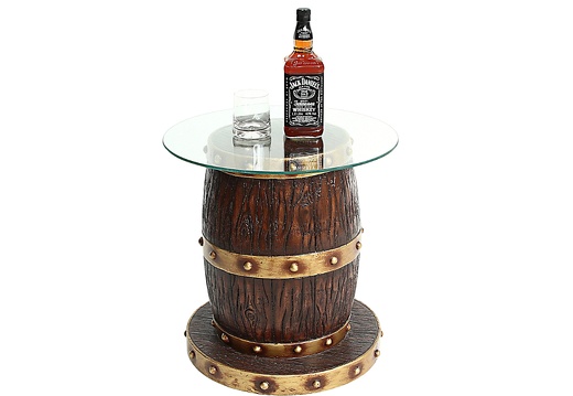 JBP171 BARREL WOOD EFFECT TABLE WITH GOLD TRIMS GLASS TOP
