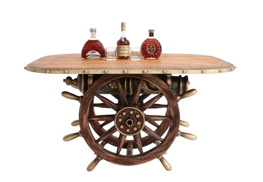 JBP213 VINTAGE SHIPS WHEEL CANNON DINING TABLE WITH WOOD EFFECT TOP