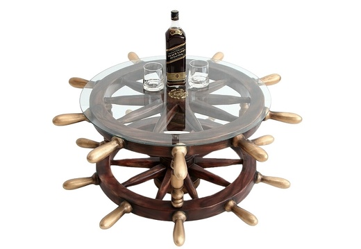 JBSH024 ANTIQUE SHIPS WHEEL COFFEE TABLE WITH GLASS TOP 1