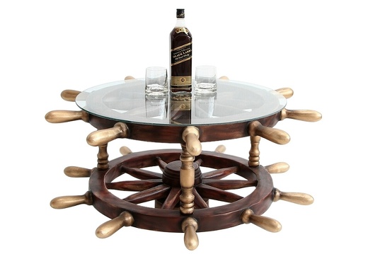 JBSH024 ANTIQUE SHIPS WHEEL COFFEE TABLE WITH GLASS TOP 2