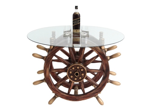 JBSH025 ANTIQUE SHIPS WHEEL TABLE ROUND GLASS TABLE TOP 1