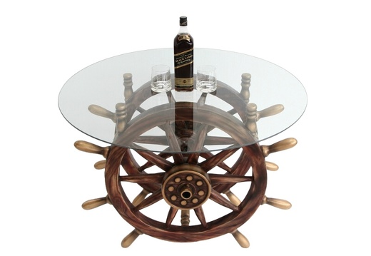 JBSH025 ANTIQUE SHIPS WHEEL TABLE ROUND GLASS TABLE TOP 2