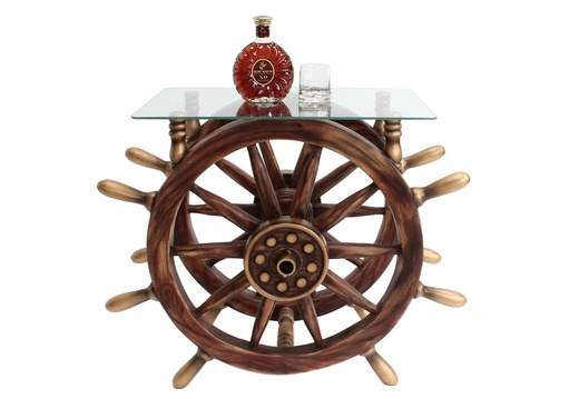 JBSH026 ANTIQUE SHIPS WHEEL TABLE WITH SQUARE GLASS 1