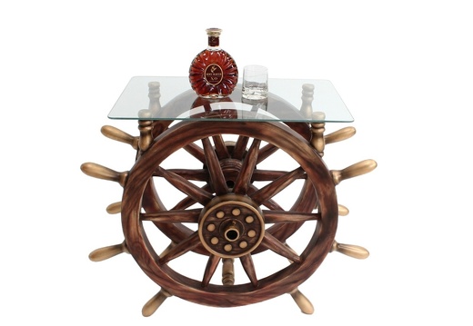 JBSH026 ANTIQUE SHIPS WHEEL TABLE WITH SQUARE GLASS 2