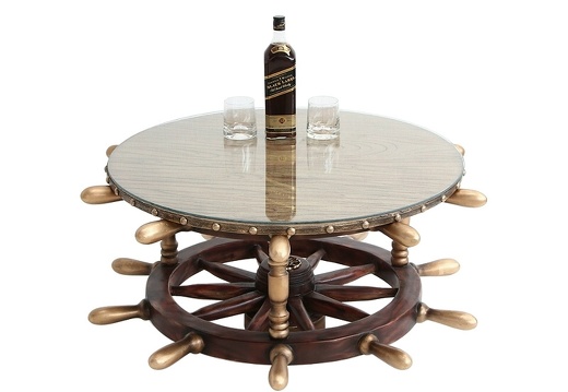 JBSH027 ANTIQUE SHIPS WHEEL COFFEE TABLE WITH WOOD EFFECT TOP GLASS COVER