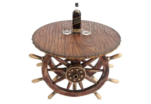 JBSH028 ANTIQUE SHIPS WHEEL TABLE ROUND WOOD EFFECT TABLE TOP 1