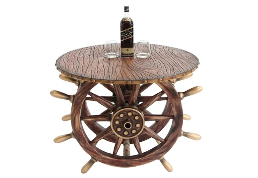 JBSH028 ANTIQUE SHIPS WHEEL TABLE ROUND WOOD EFFECT TABLE TOP 2