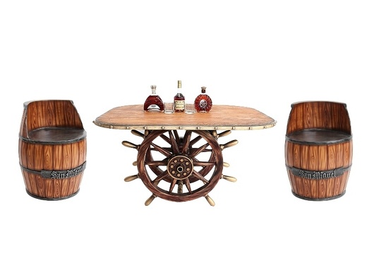 JBSH030B ANTIQUE SHIPS WHEEL TABLE WOOD EFFECT TABLE TOP 2 BARREL STOOLS ANY NAME AVAILABLE ON THE BARREL