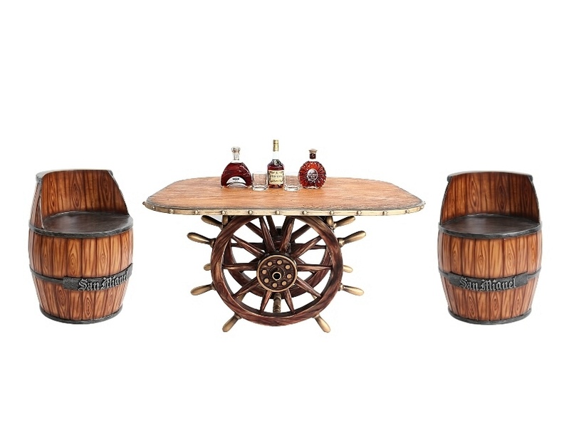 JBSH030B_ANTIQUE_SHIPS_WHEEL_TABLE_WOOD_EFFECT_TABLE_TOP_2_BARREL_STOOLS_ANY_NAME_AVAILABLE_ON_THE_BARREL.JPG