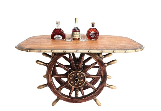 JBSH030 ANTIQUE SHIPS WHEEL TABLE WITH WOOD EFFECT TABLE TOP 1