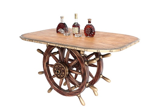 JBSH030 ANTIQUE SHIPS WHEEL TABLE WITH WOOD EFFECT TABLE TOP 2