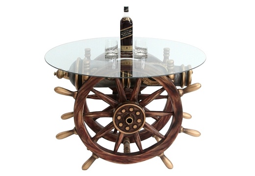 JBSH031 ANTIQUE SHIPS WHEEL SIDE TABLE WITH CANNON GLASS TOP