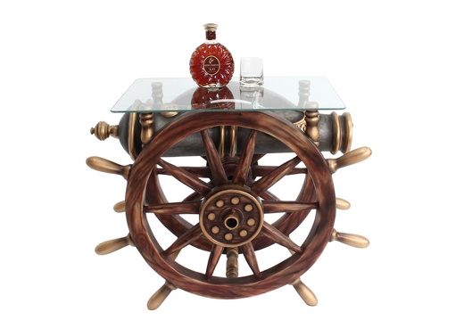 JBSH032 ANTIQUE SHIPS WHEEL TABLE WITH VINTAGE CANNON SQUARE GLASS 1
