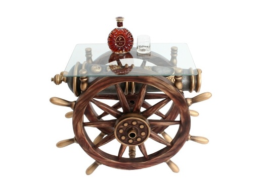 JBSH032 ANTIQUE SHIPS WHEEL TABLE WITH VINTAGE CANNON SQUARE GLASS 2
