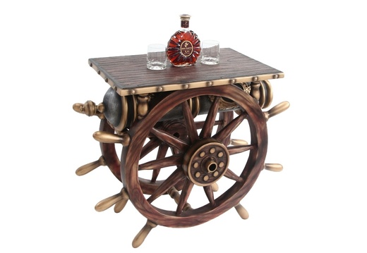 JBSH033 ANTIQUE SHIPS WHEEL TABLE WITH VINTAGE CANNON DARK WOOD EFFECT TABLE TOP 1