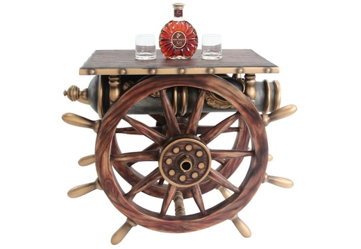 JBSH033 ANTIQUE SHIPS WHEEL TABLE WITH VINTAGE CANNON DARK WOOD EFFECT TABLE TOP 2