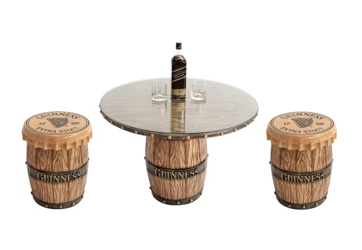 JBTH316C LIGHT BROWN WOOD GUINNESS BARREL TABLE 2 BARREL STOOLS ANY NAME AVAILABLE ON THE BARRELS