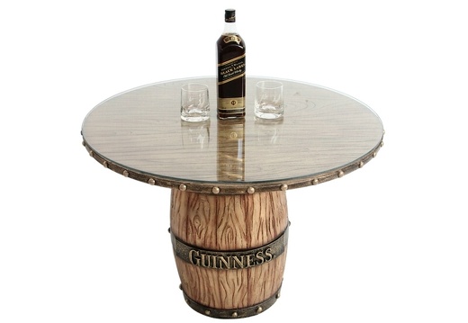 JBTH363E LIGHT BROWN WOOD GUINNESS BARREL TABLE WOOD GLASS TOP ANY NAME AVAILABLE ON THE BARREL
