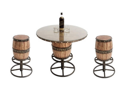 JBTH363G LIGHT BROWN WOOD GUINNESS BARREL TABLE 2 BARREL CHAIRS ANY NAME AVAILABLE ON THE BARRELS