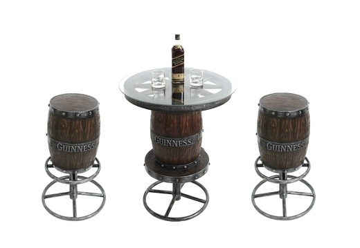 JBTH363H GUINNESS BARREL TABLE WAGON WHEEL TOP 2 GUINNESS BARREL BAR STOOLS ANY NAME AVAILABLE ON THE BARRELS