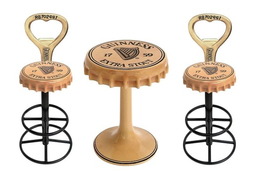 JBTH406 LARGE GUINNESS BOTTLE LID BAR TABLE 2 BOTTLE LID CHAIRS WITH BOTTLE OPENER BACK REST ALL BEER NAMES AVAILABLE