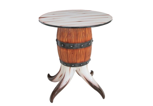 JJ028 ANTIQUE BARREL TABLE BULL HORN EFFECT TABLE TOP ON BULL HORN STAND SMALL TOP