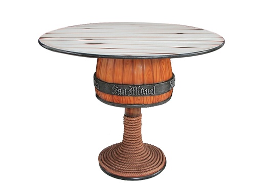 JJ029 ANTIQUE BARREL TABLE BULL HORN EFFECT TABLE TOP ON ROPE STAND