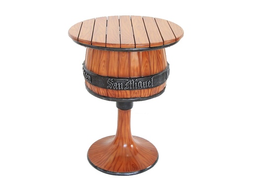 JJ038 BARREL TABLE WROUGHT IRON 4 BEER NAMES RING ON WOOD EFFECT STAND WOOD SLATS TOP