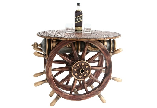 JJ250 ANTIQUE SHIPS WHEEL CANNON BAR RESTAURANT TABLE ROUND WOOD EFFECT TOP 1