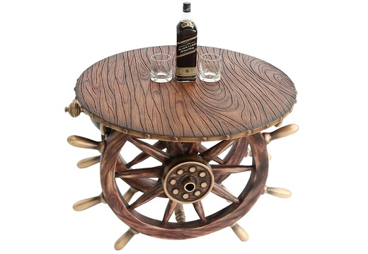 JJ250 ANTIQUE SHIPS WHEEL CANNON BAR RESTAURANT TABLE ROUND WOOD EFFECT TOP 2