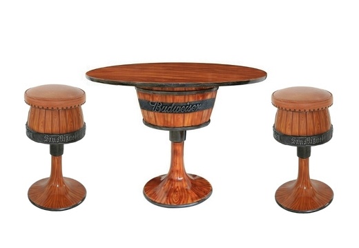 JJ377 LARGE BARREL WOOD TABLE 2 BARREL STOOLS WITH BROWN CUSHIONS