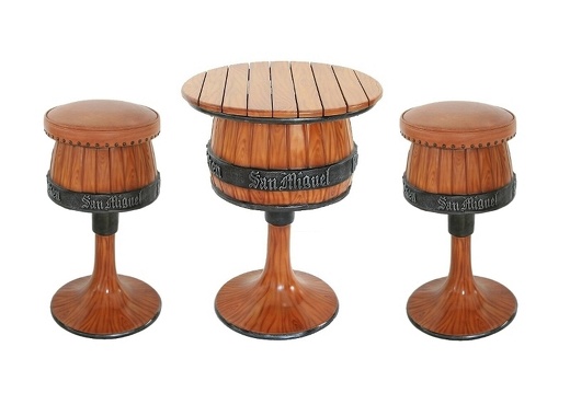 JJ382 LARGE BARREL WOOD TABLE 2 BARREL STOOLS WITH BROWN CUSHIONS